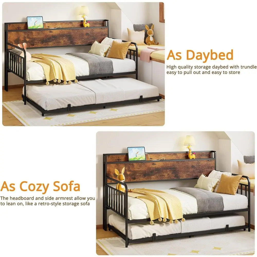 Metal Daybed With Trundle, Storage Headboard, Charging Station