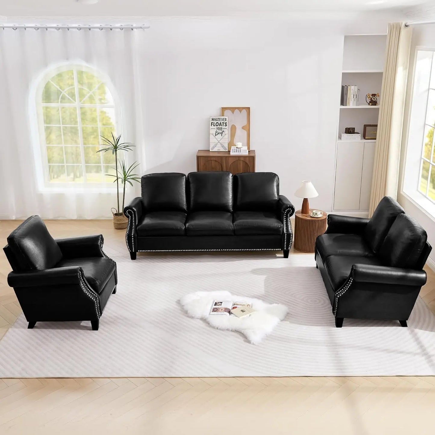 Compact PU Leather Sofa Set 3 Piece With Nailhead Trim