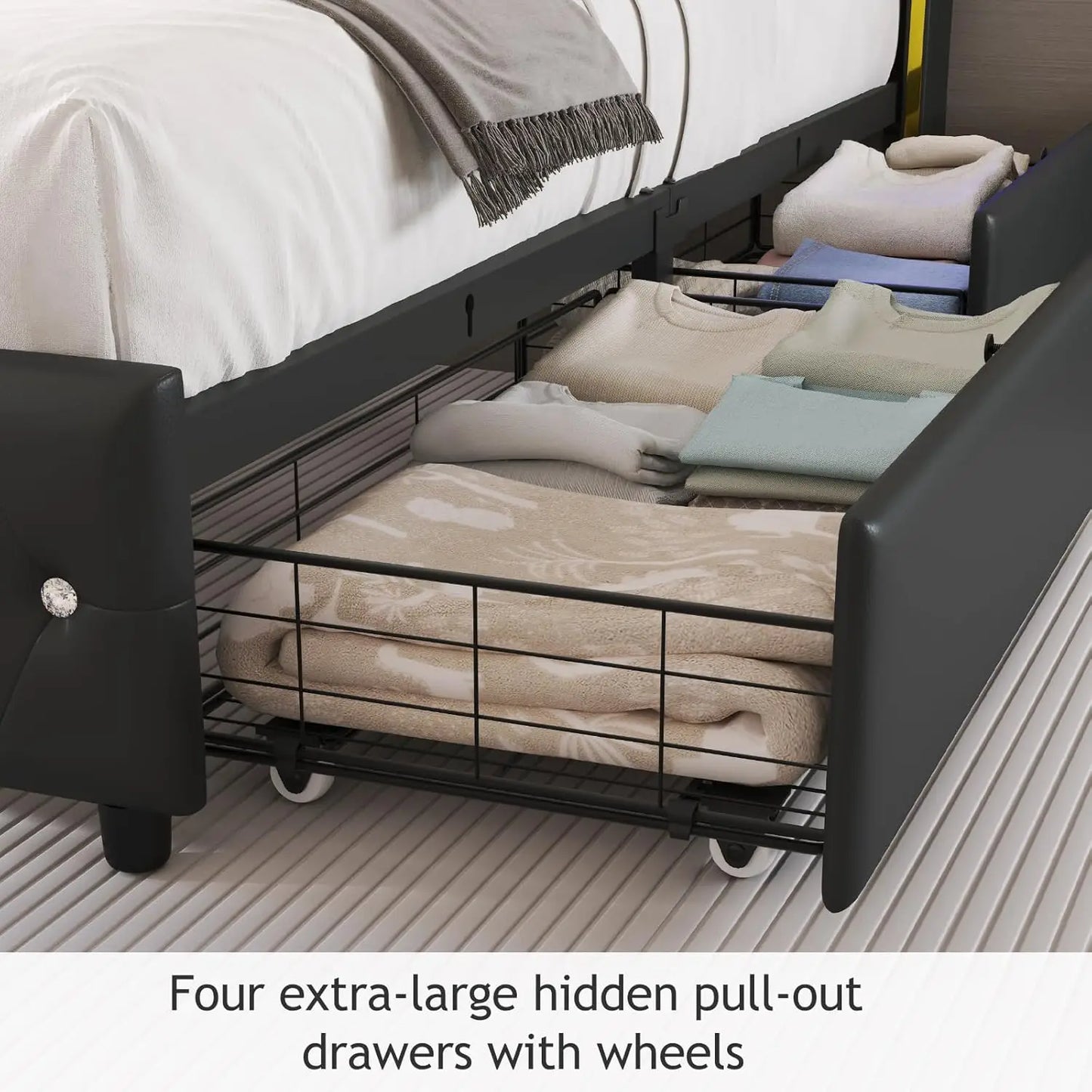 Wingback Upholstered Platform Bed With RGB LED Lights And Storage