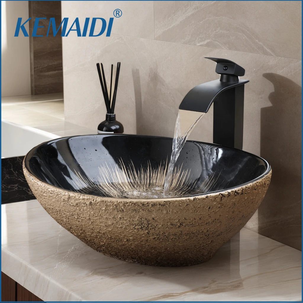 MEKKHALA Oval Vessel Sink With Faucet Marble Ceramic