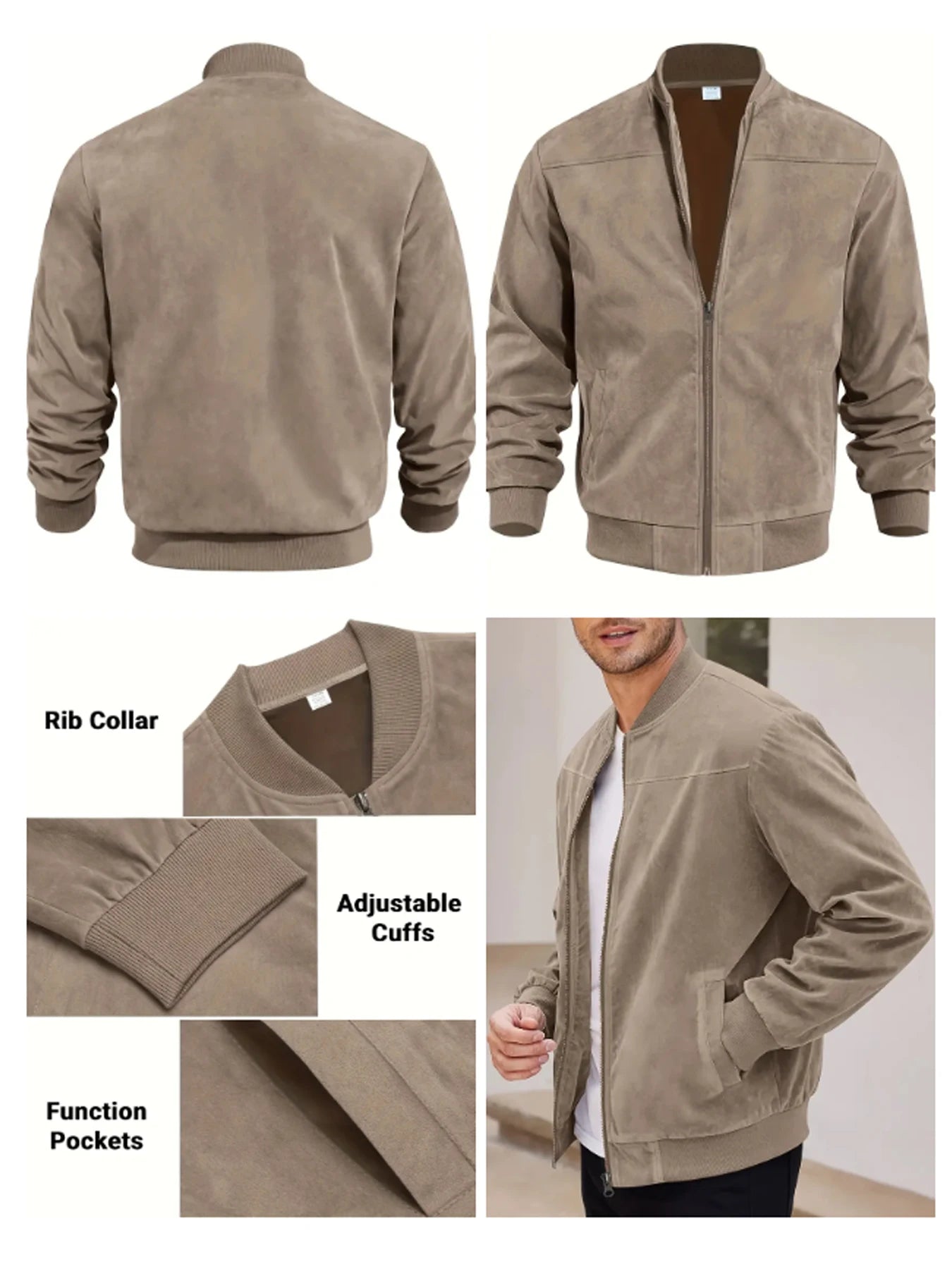 Inner Mongoria Men Suede Nap Fabric Bomber Jacket Zipper