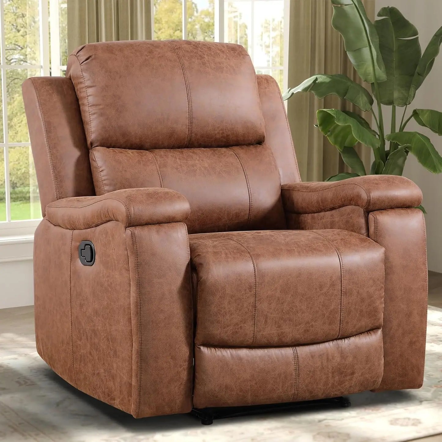 Overstuffed Manual Recliner Chair With Cup Holders For Living Room