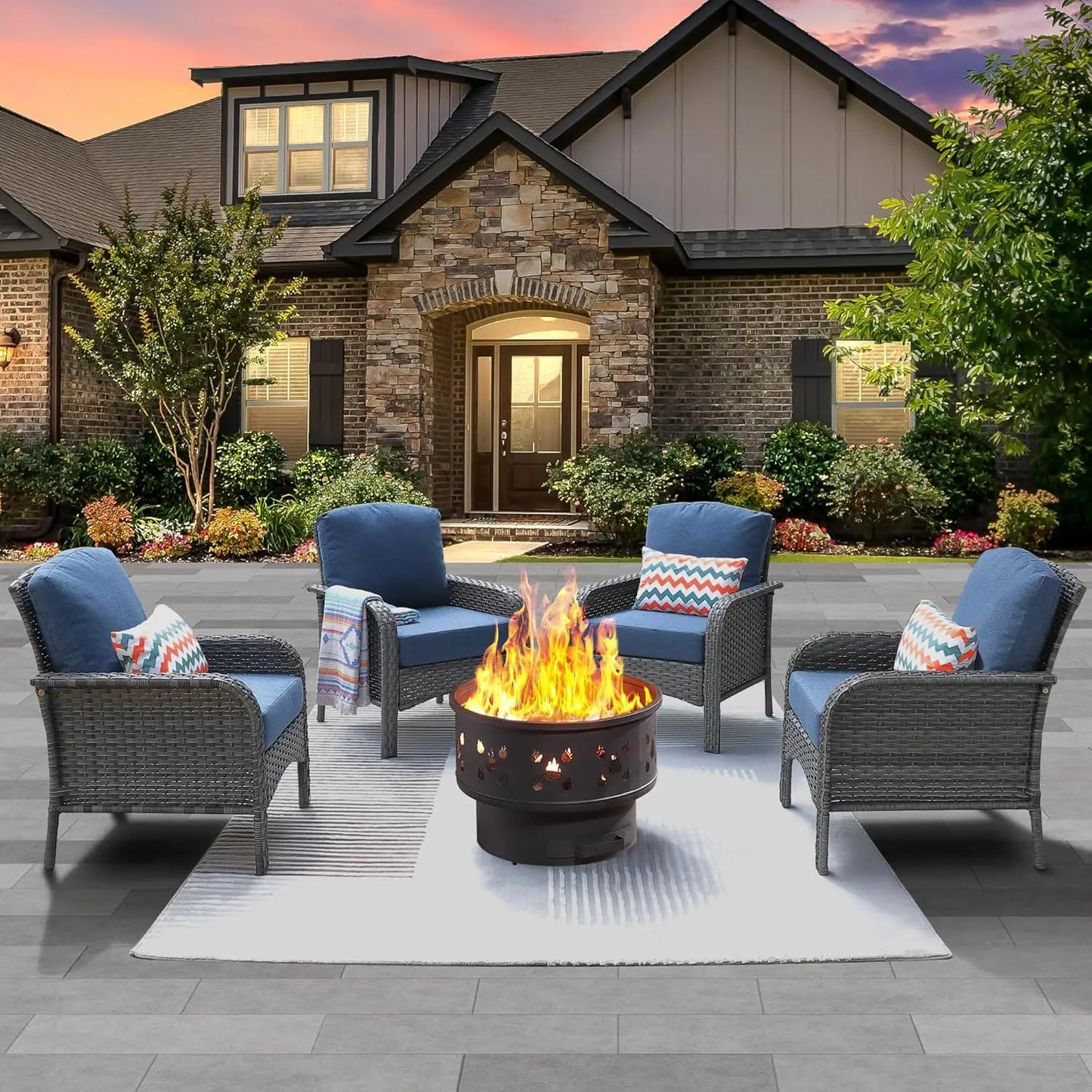 Folded 4-Piece Patio Set With Fire Pit Table And Chairs