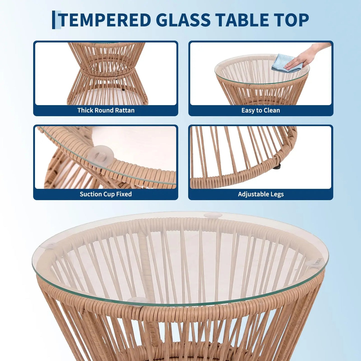 HobbyLane Boho 3-Piece Outdoor Patio Rattan Set With Glass Table