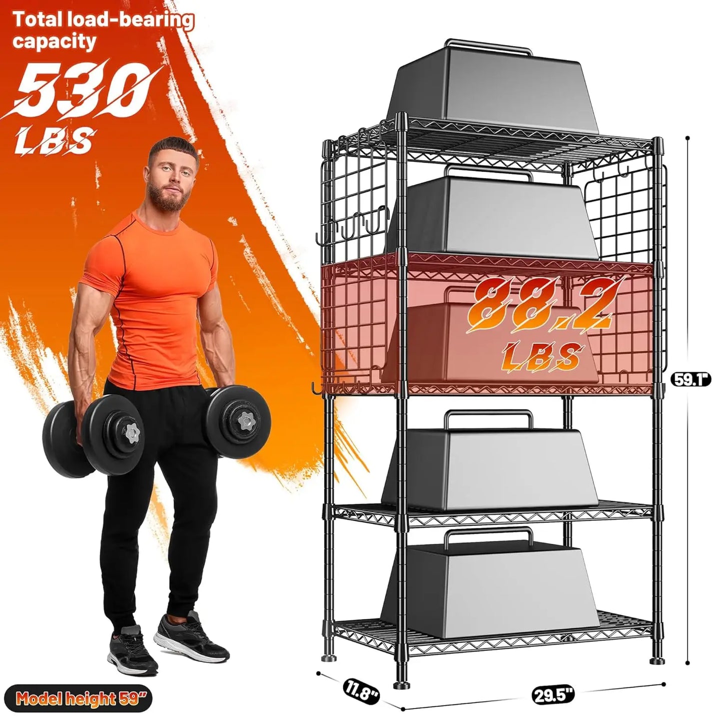 Five Tier Metal Shelving Unit With Side Hanging Net Hooks Adjustable