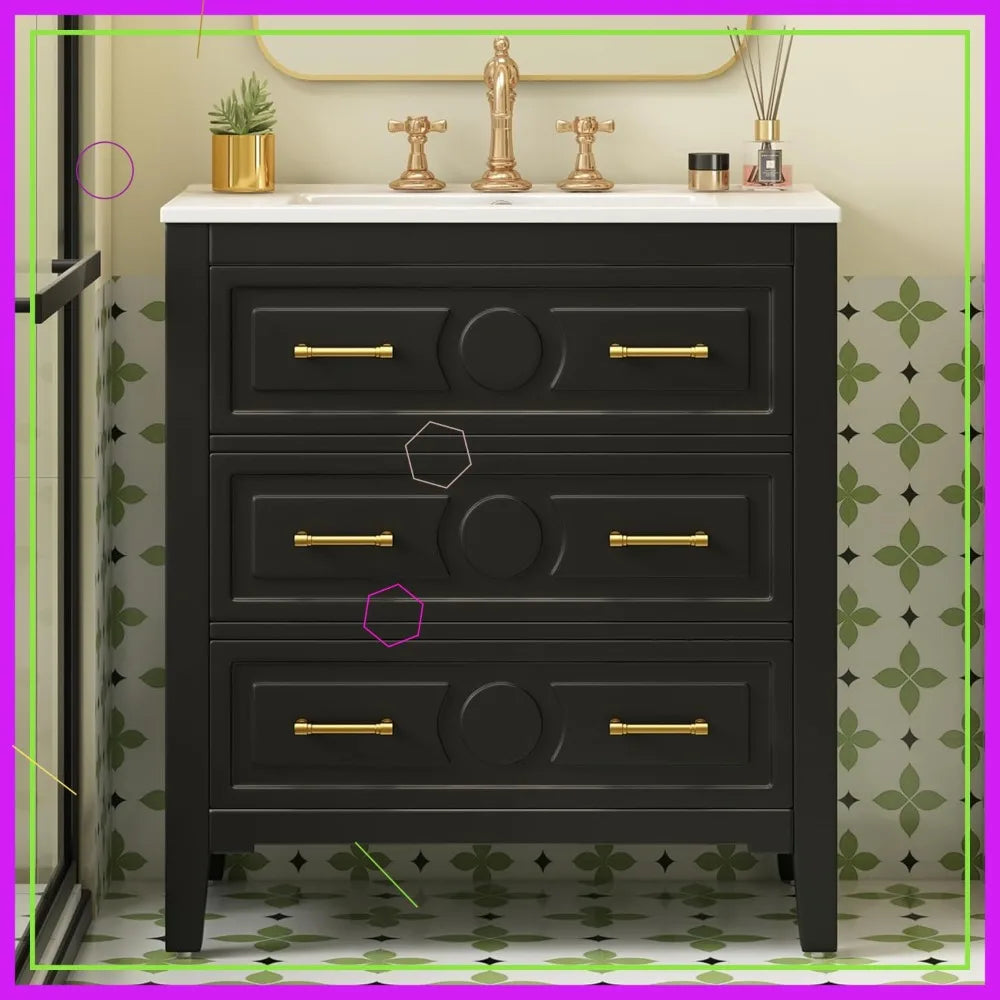 Oak Solid Wood Bathroom Vanity With Ceramic Sink And 3 Drawer Cabinet Gold Pulls