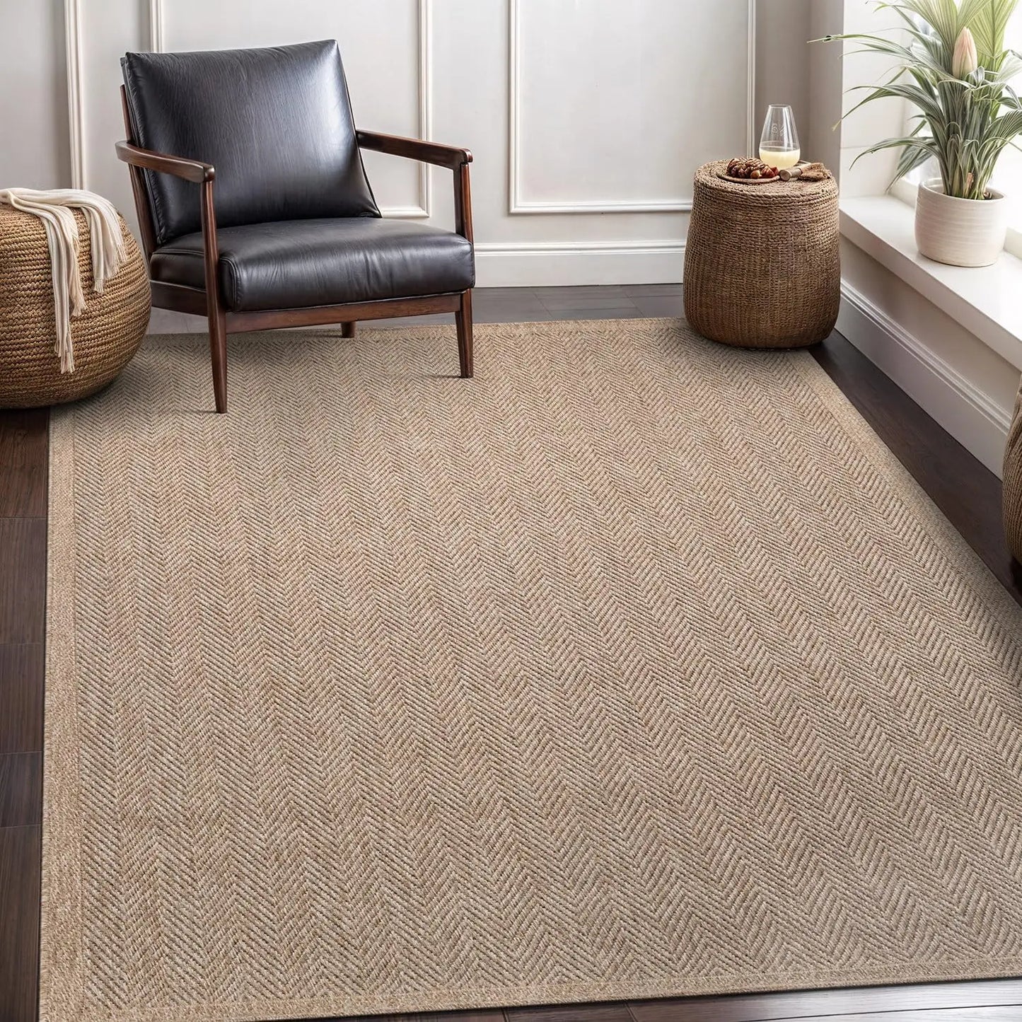Natural Fiber Seagrass Herringbone Area Rug for Indoor Outdoor