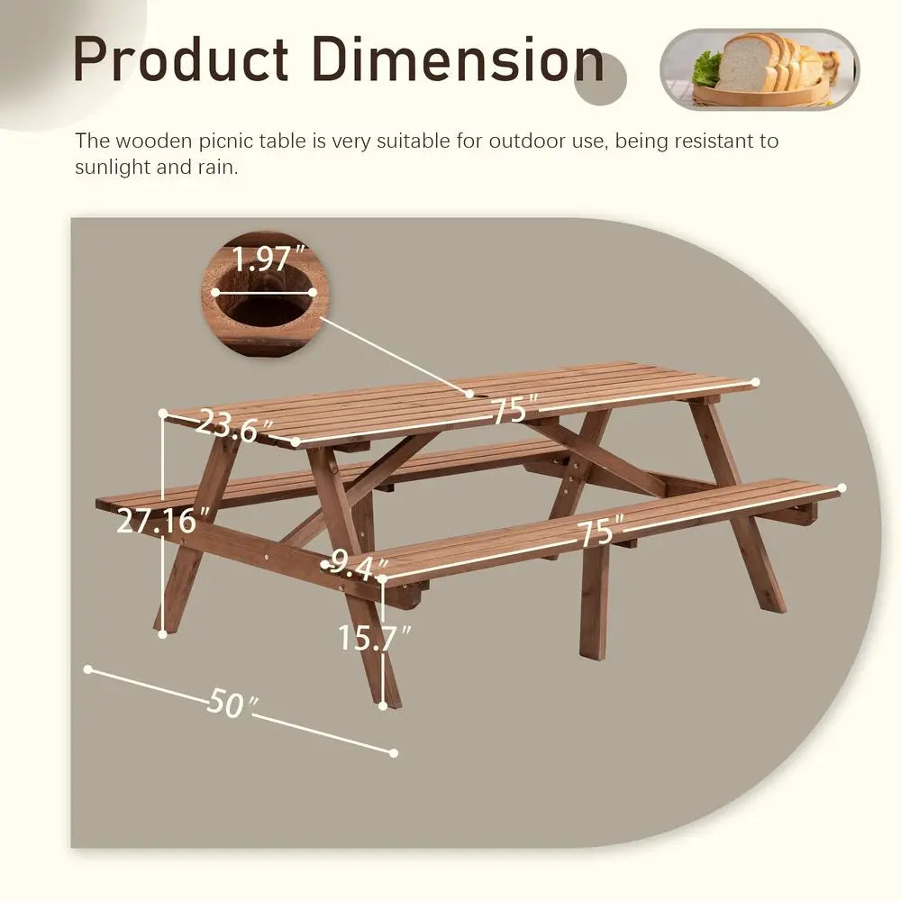 Outdoor Fir Wood Table With Bench Patio Dining Set