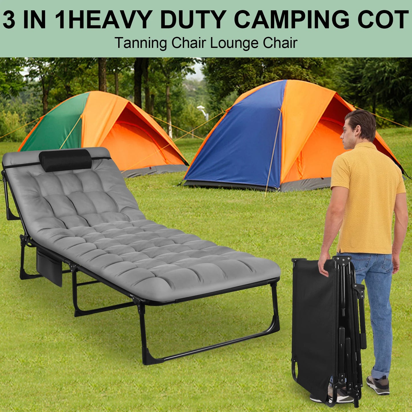 Portable Folding Camping Cot 3Position Adjustable Lounge Chair Outdoor Bed