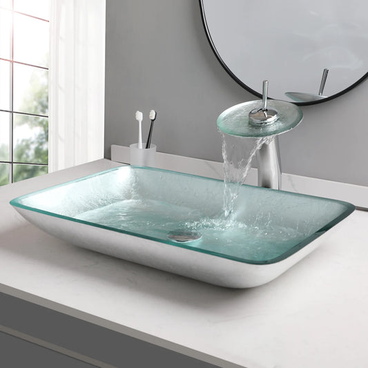 YANKSMART Tempered Glass Basin Sink Set Vessel Vanity Faucet