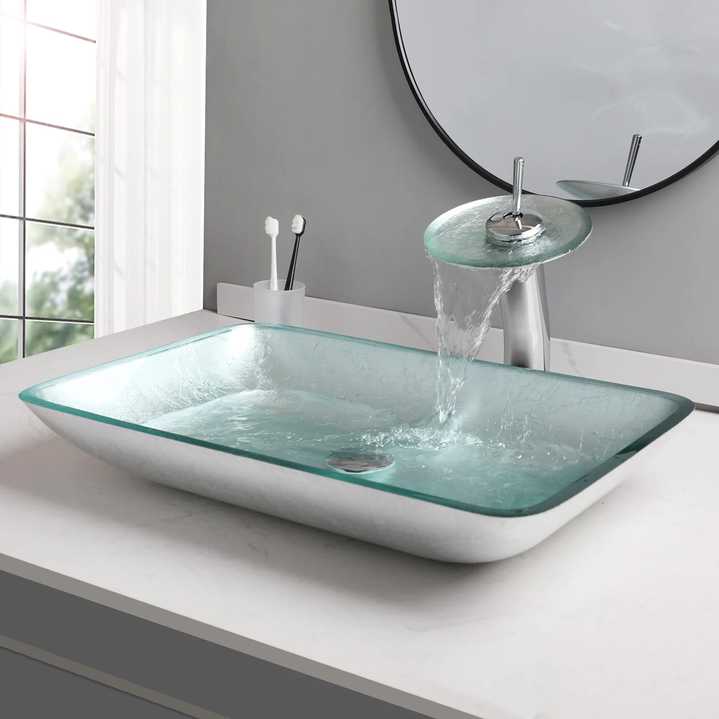 YANKSMART Tempered Glass Basin Sink With Faucet Set