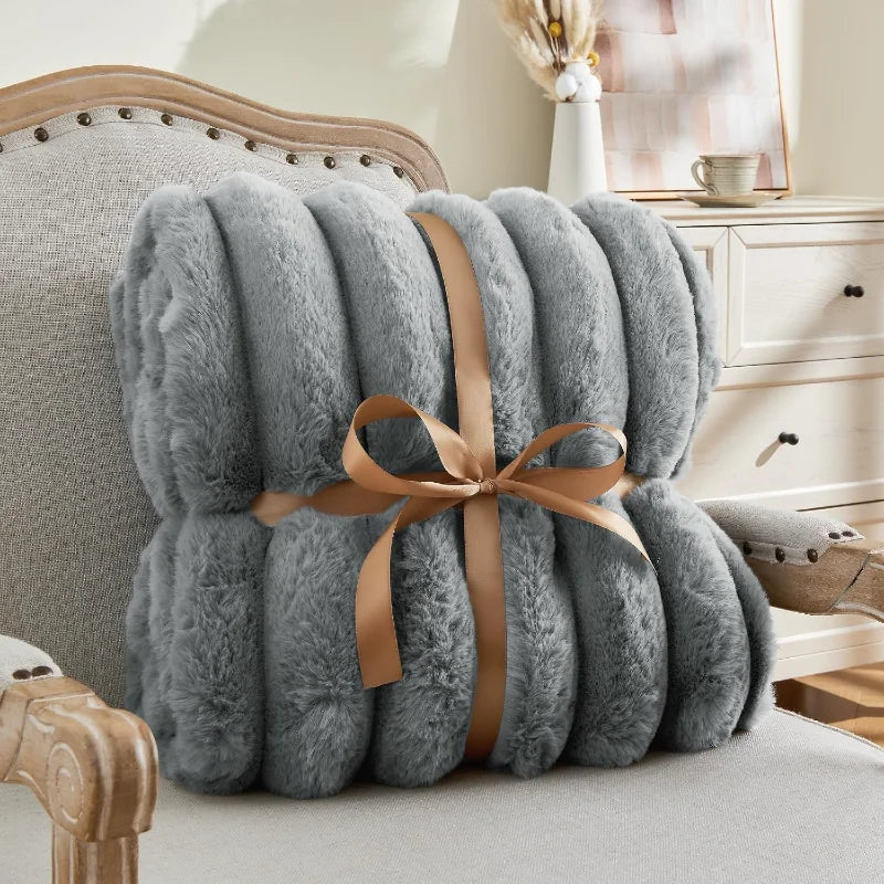 NONECN Faux Fur Throw Blanket Plush 3D Striped Ultra Soft