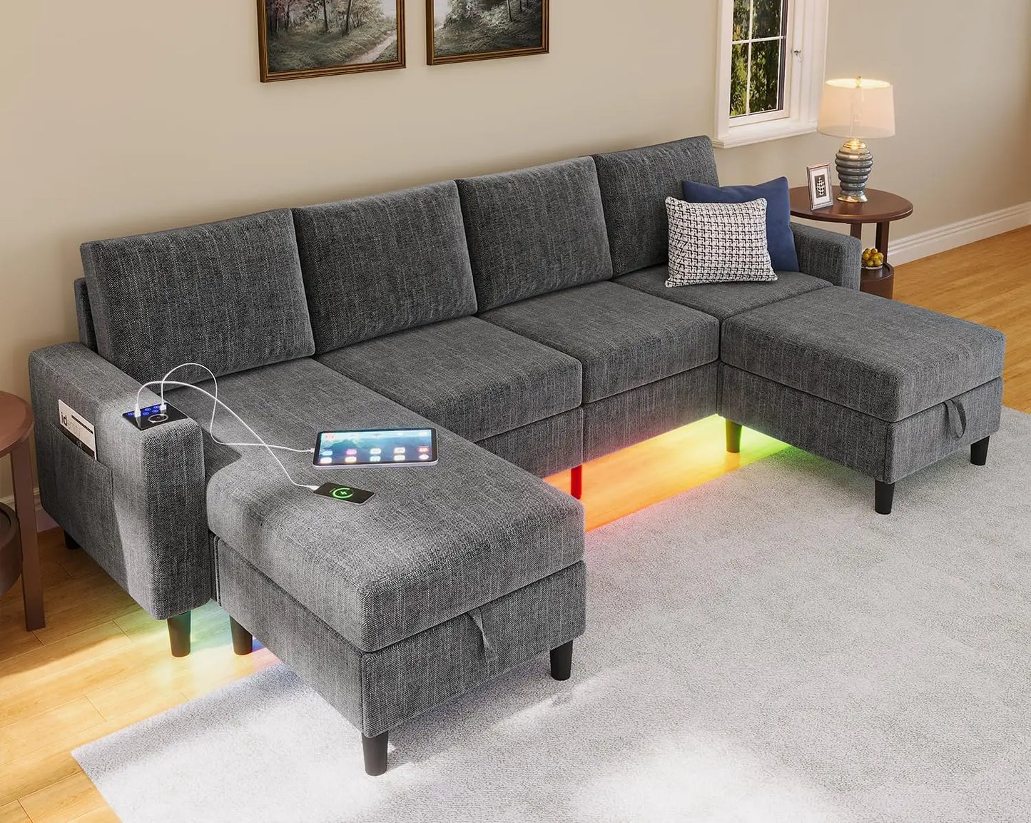HUANZHUANG Smart Sectional Sofa With RGB Lighting And Charging