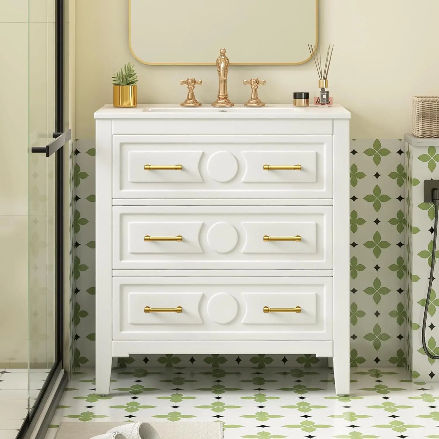 Solid Wood Bathroom Vanity With Ceramic Sink, Tip-Out Drawers
