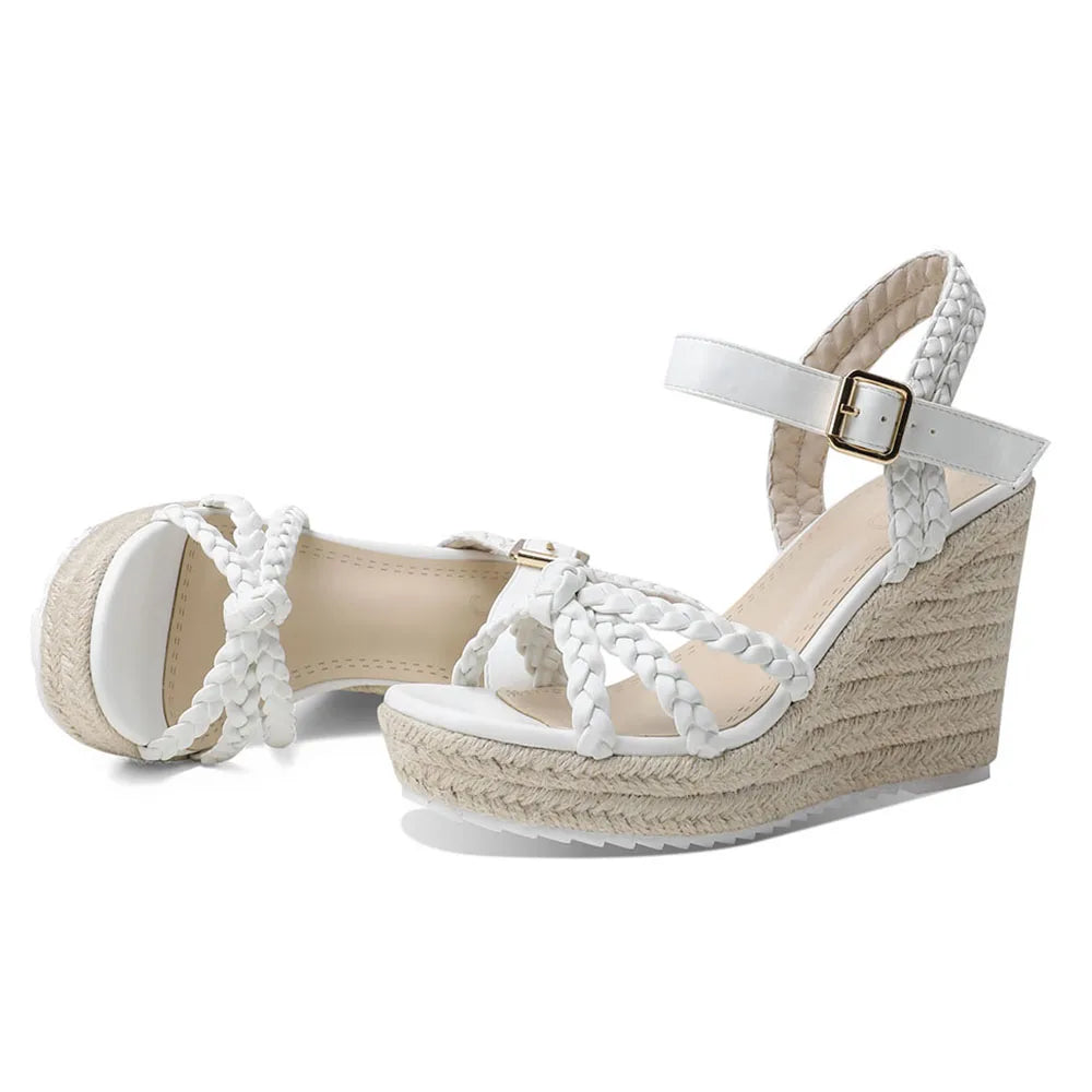 GIGIFOX Straw Woven Waterproof Platform Wedges Sandals Buckle Straps