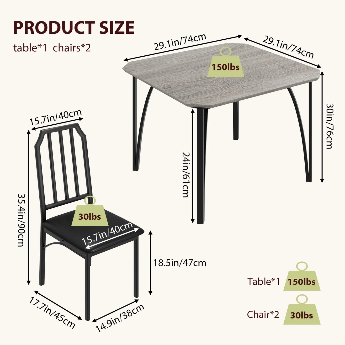 HiMISS 3-Piece Dining Table Set for Two with Upholstered Chairs