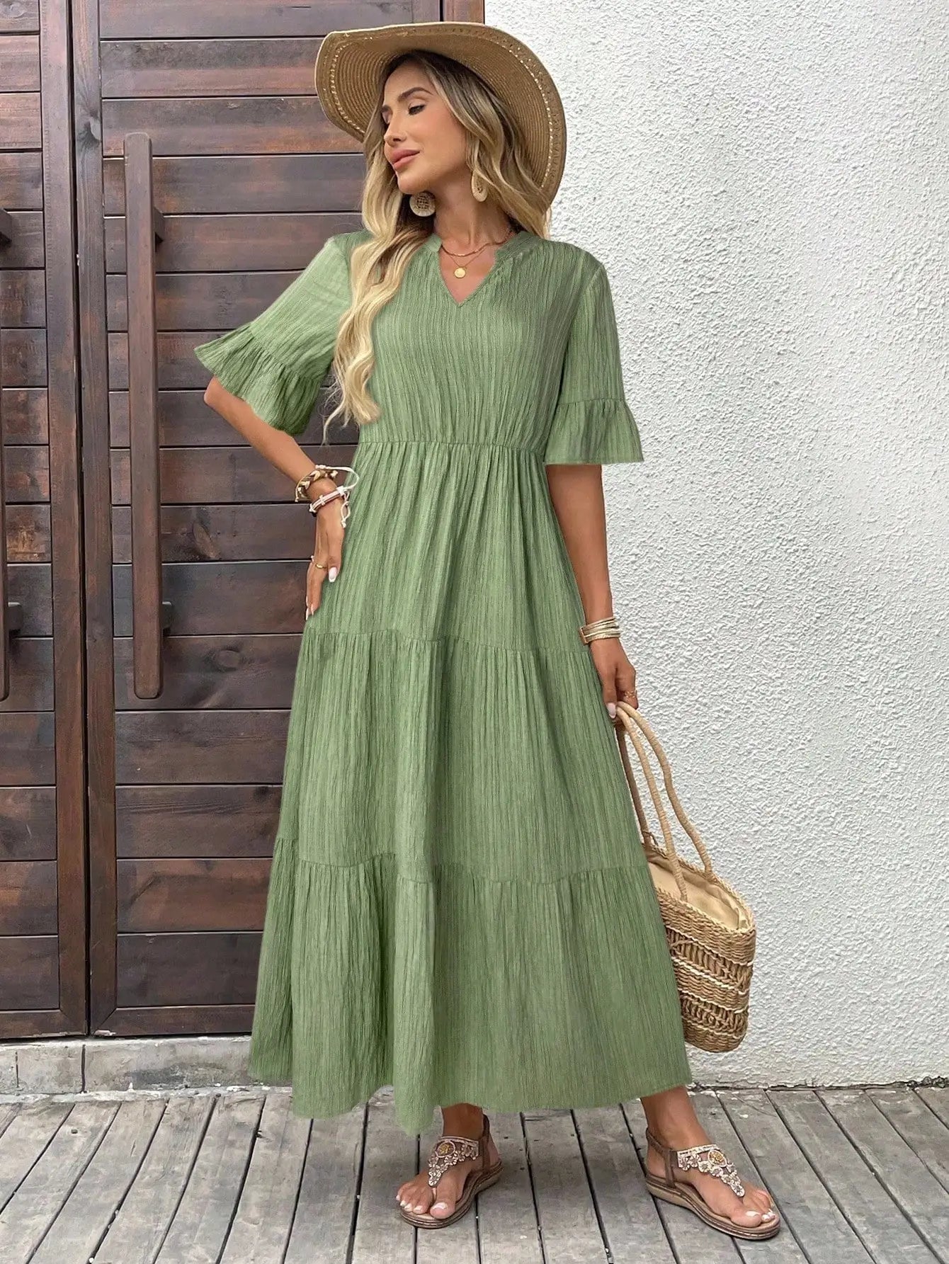 Women's Solid Color Casual Tiered Maxi Dress V-Neck A-Line