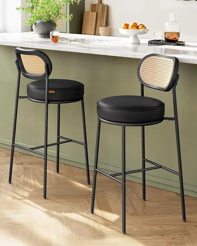Rattan Backrest Bar Stools Set of 2 With Metal Legs
