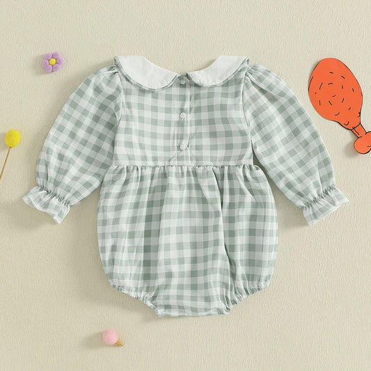 Thanksgiving Turkey Embroidered Long Sleeve Romper With Doll Collar