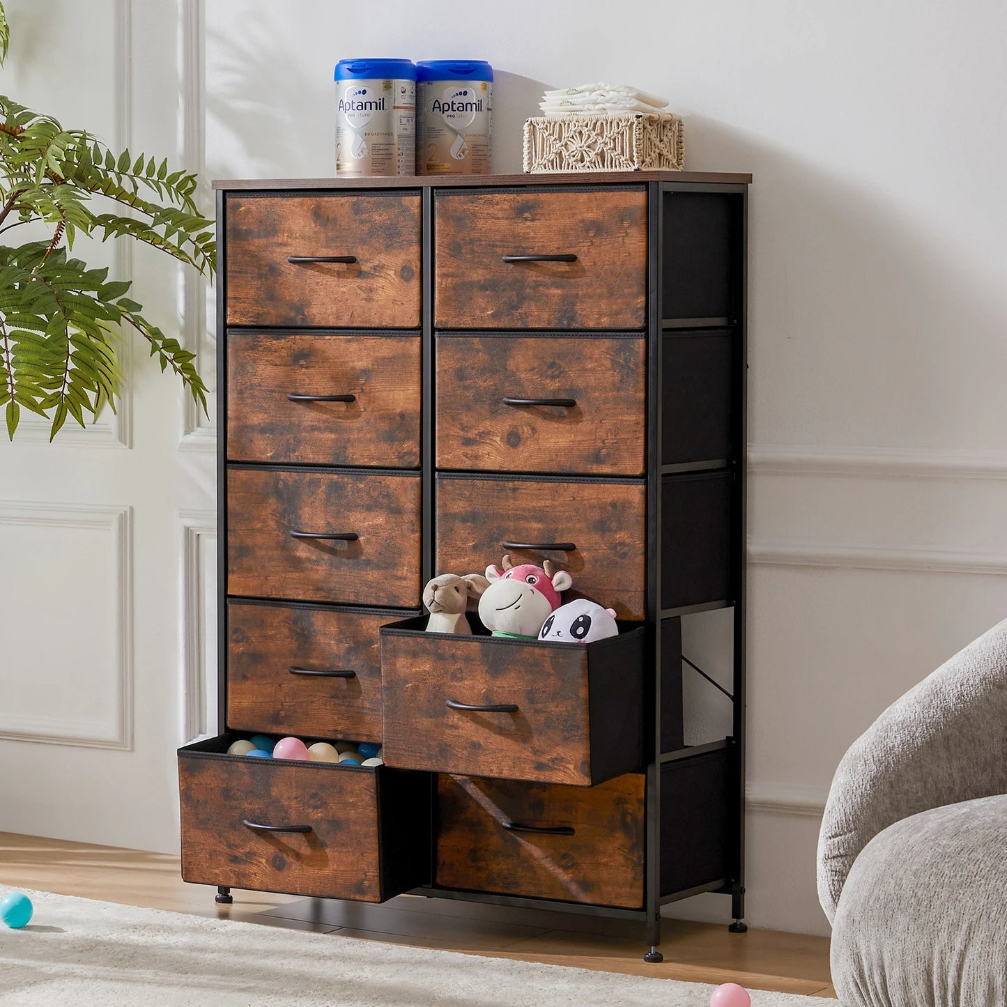 JHK Bedside Table With 10 Fabric Drawers Steel Frame Storage