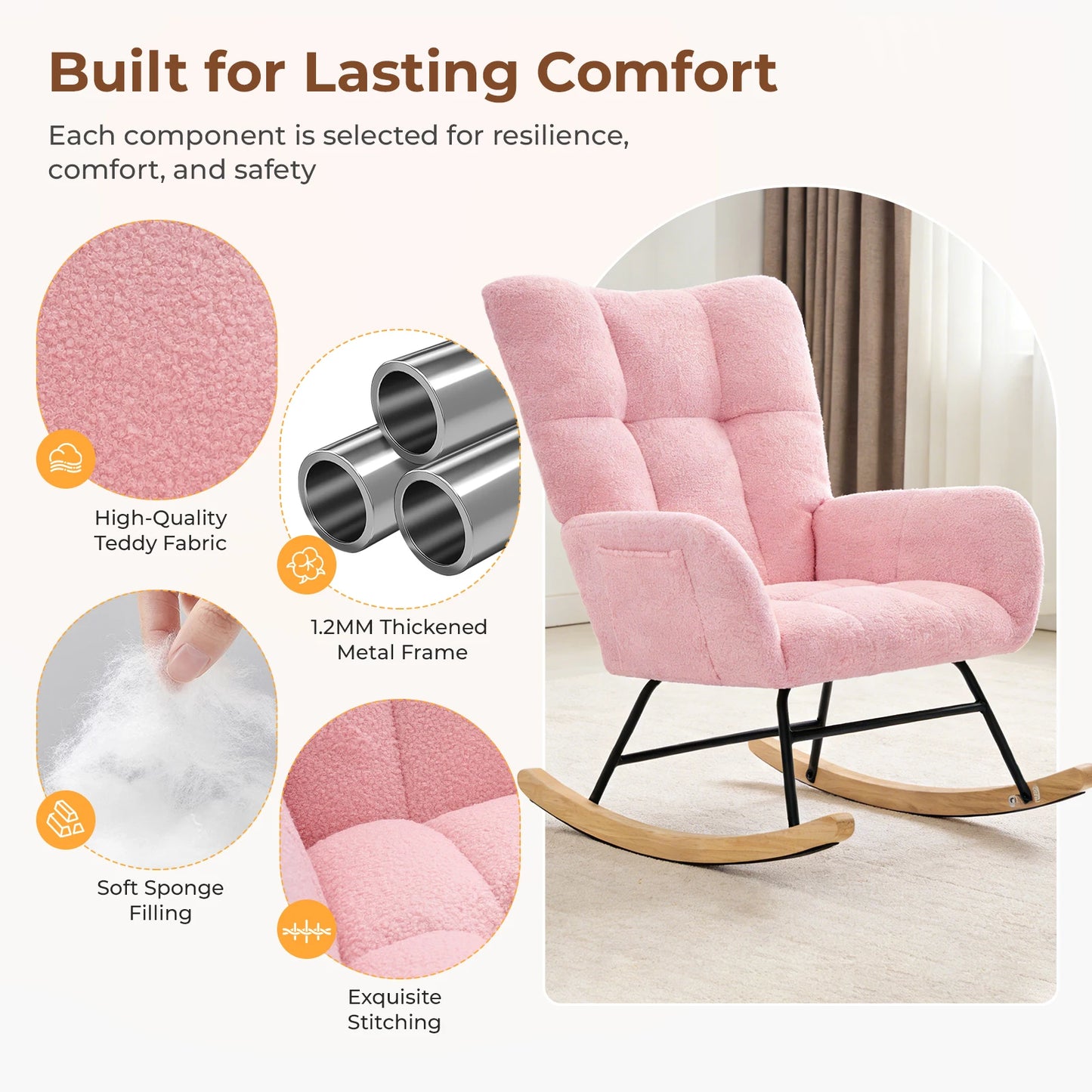 JHK Teddy Upholstered Saucer Rocking Chair With High Backrest