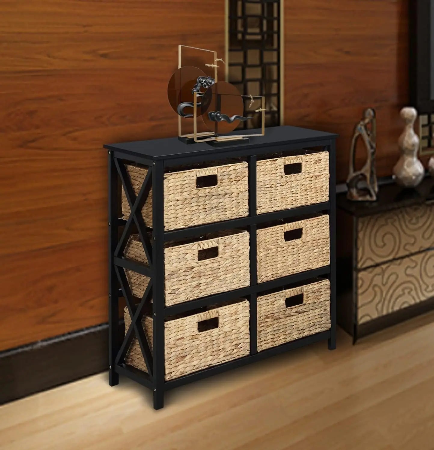 XMSJ 3-Tier X-Side End Storage Cabinet With Wicker Baskets
