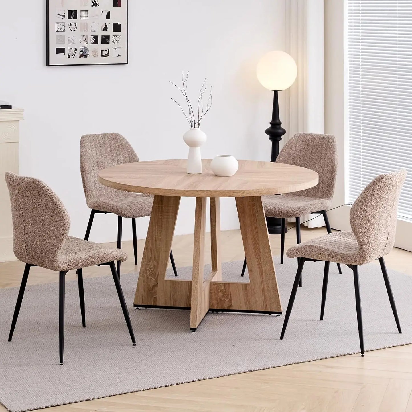 Round Mid-Century Dining Table Set With Metal Legs And Chairs