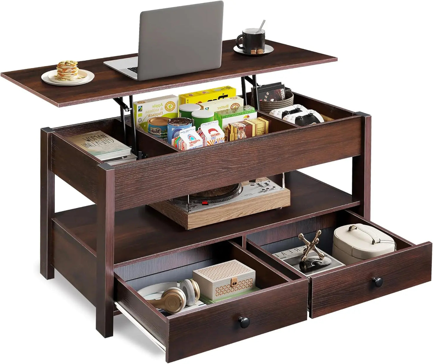 Lift Top Coffee Table With LED Light and Two Drawers