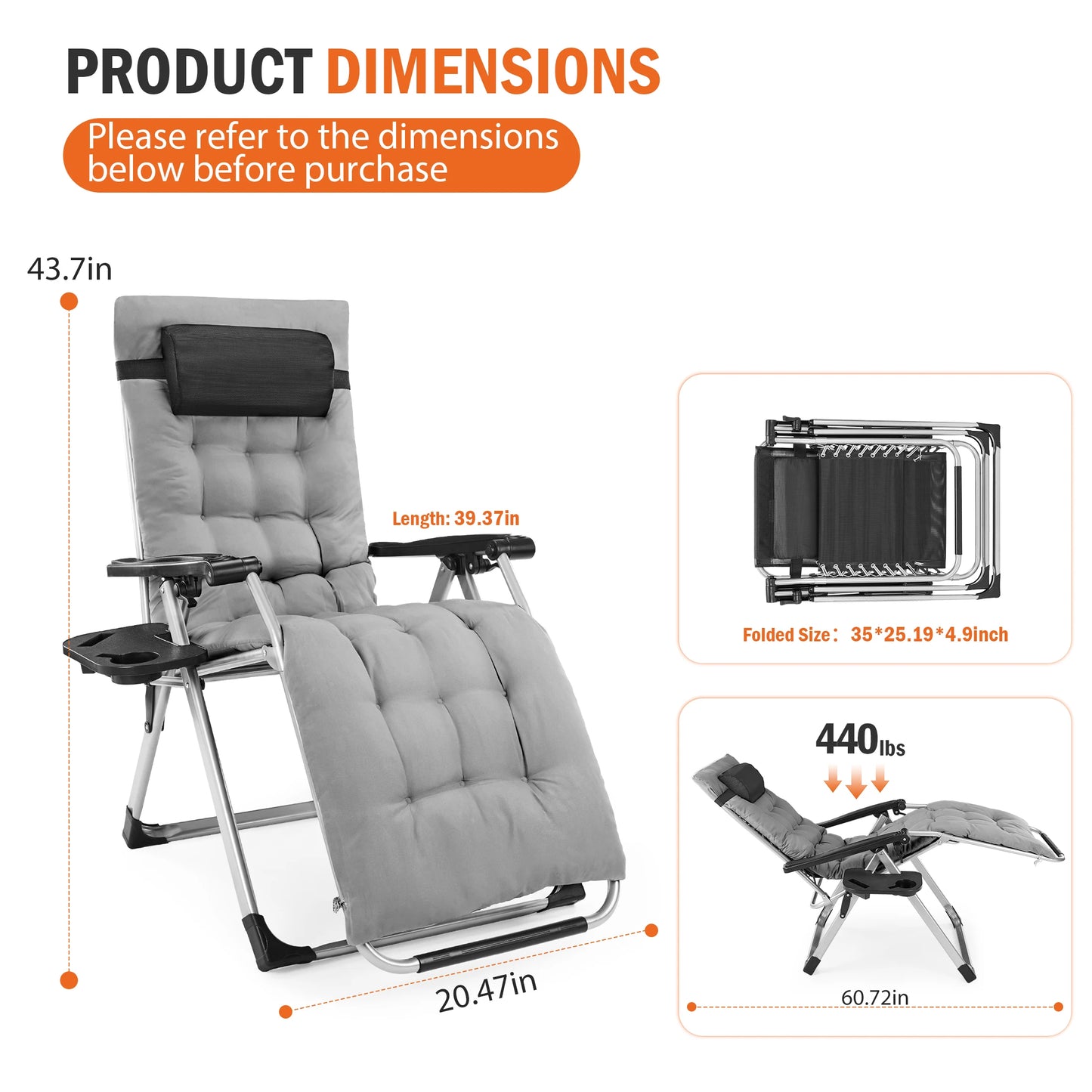 JHK Zero Gravity Outdoor Camping Lounge Chair With Cup Holders