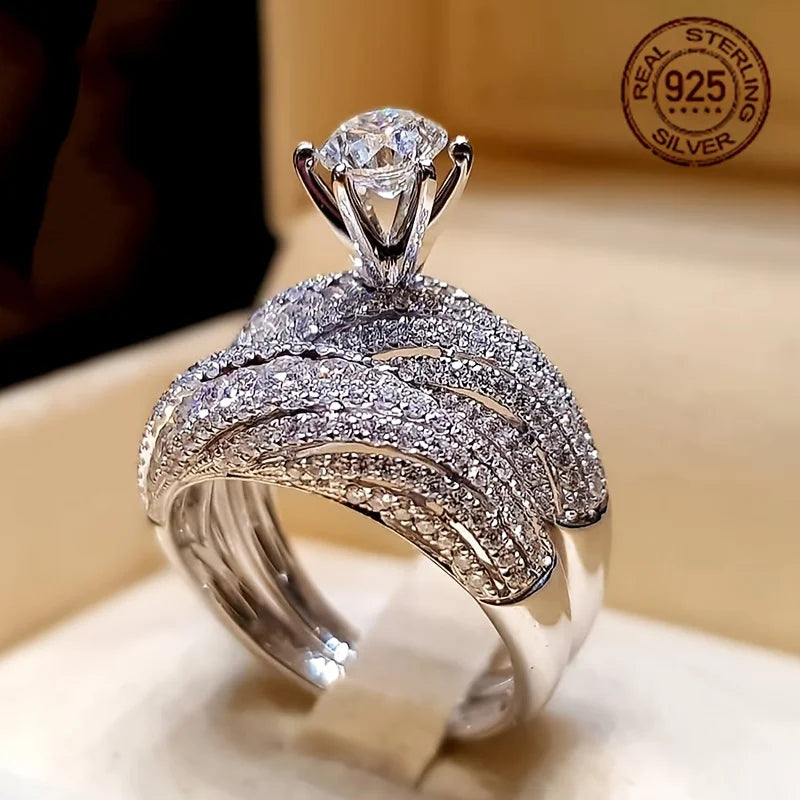 WPOOCC 925 Sterling Silver Gold Plated Zirconia Wedding Ring Set