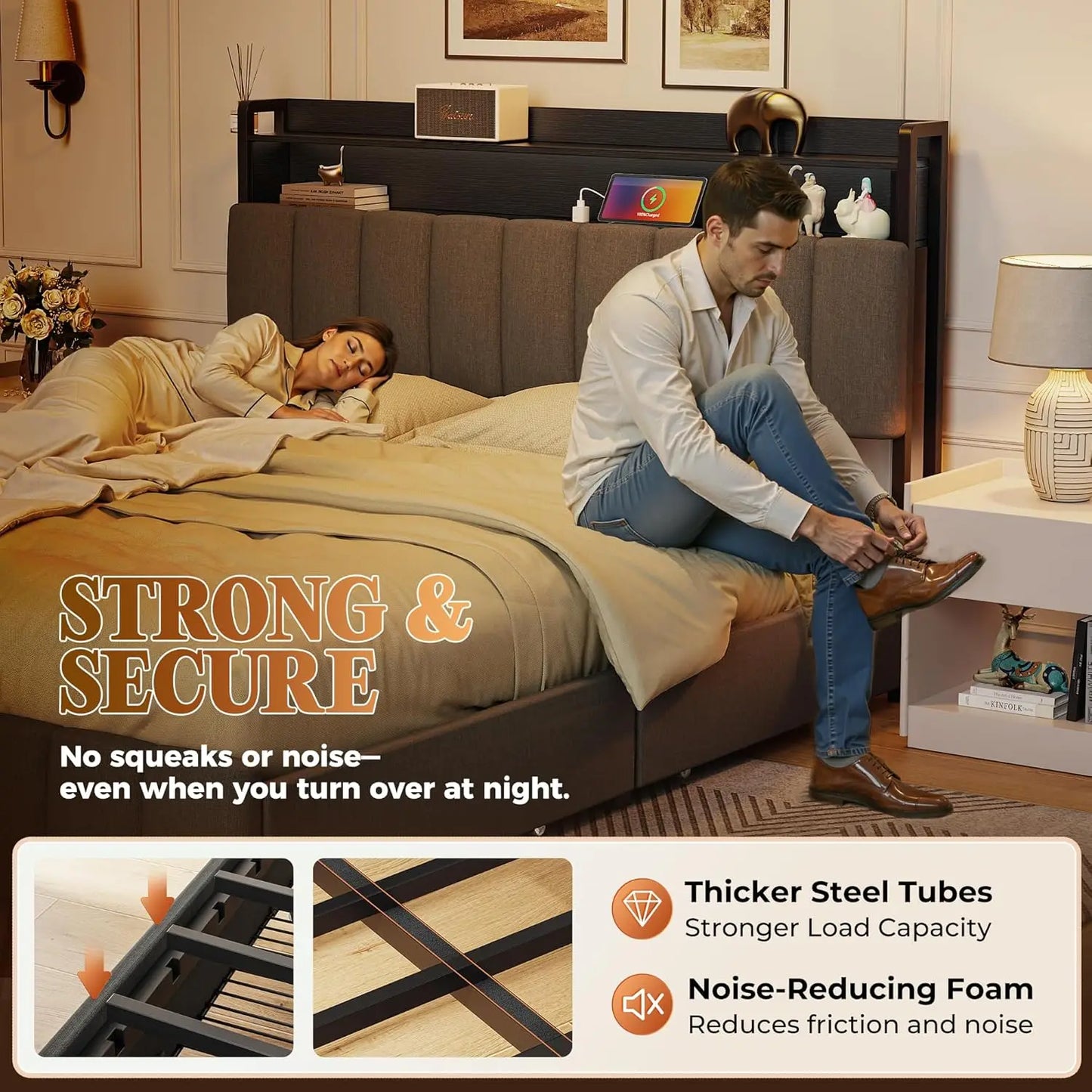 Bed Frame With Upholstered Headboard Charging Station Two Tier Drawers