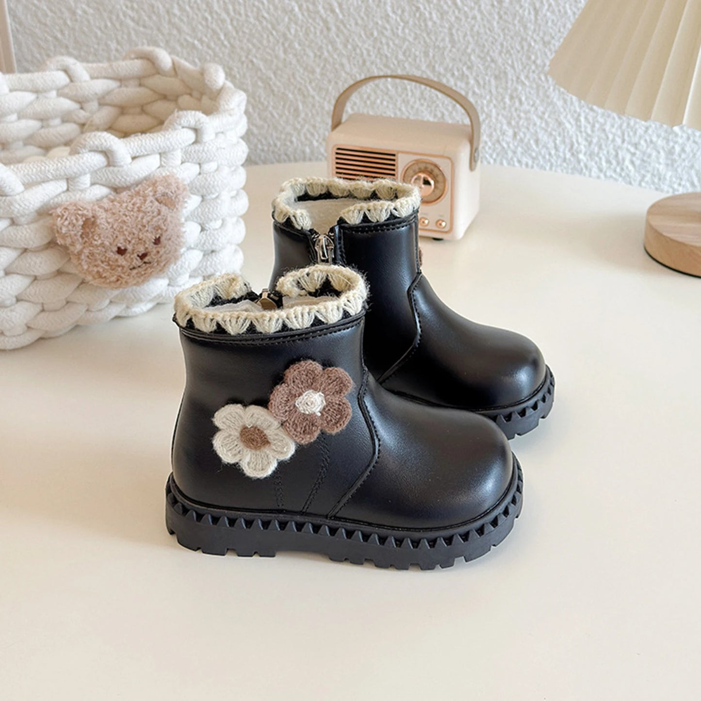 Girls Fleece Lined Winter Boots With Flower Decor Side Zip