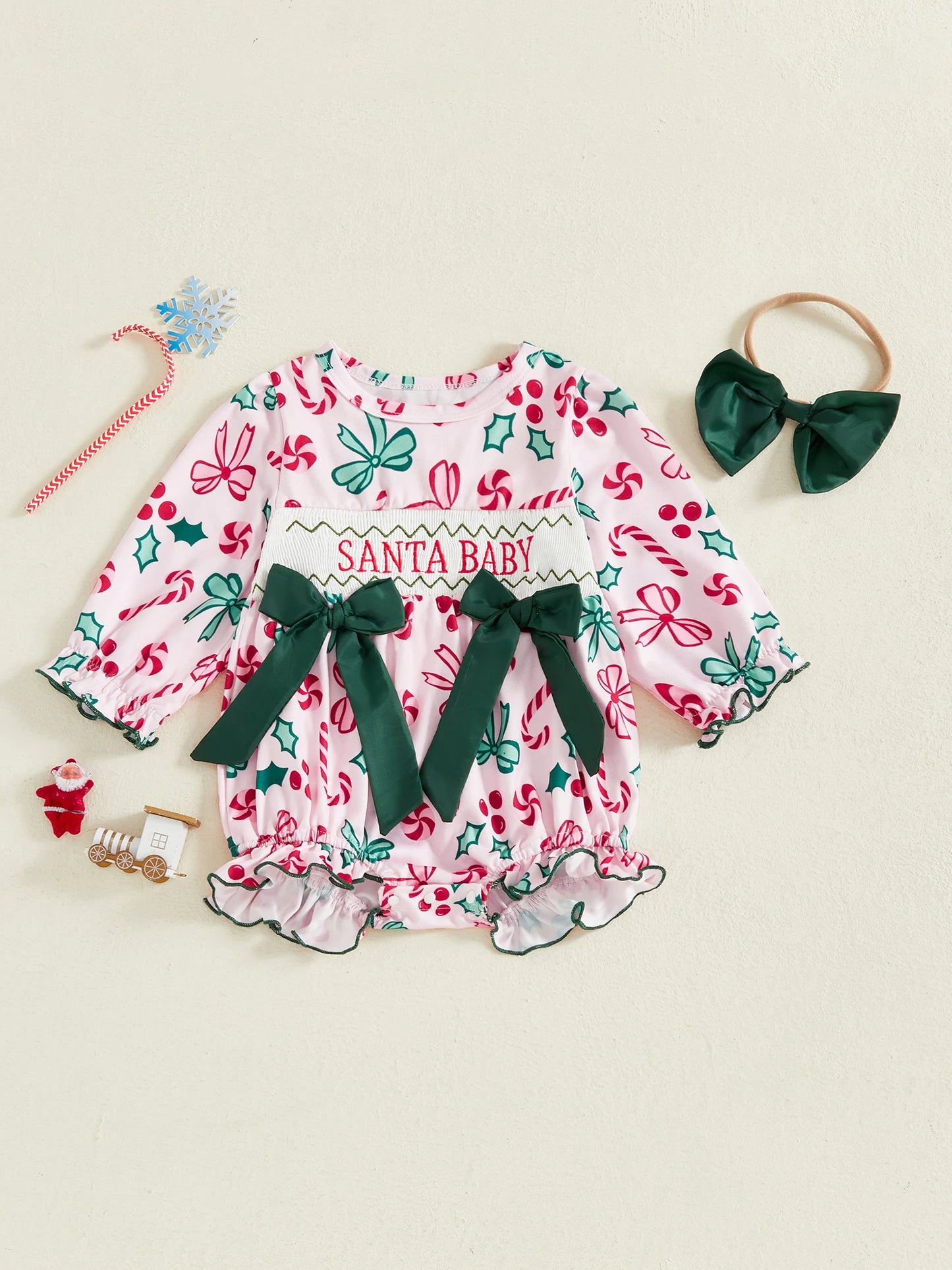 Infant Girl 3 Piece Winter Bodysuit Pants Headband Set