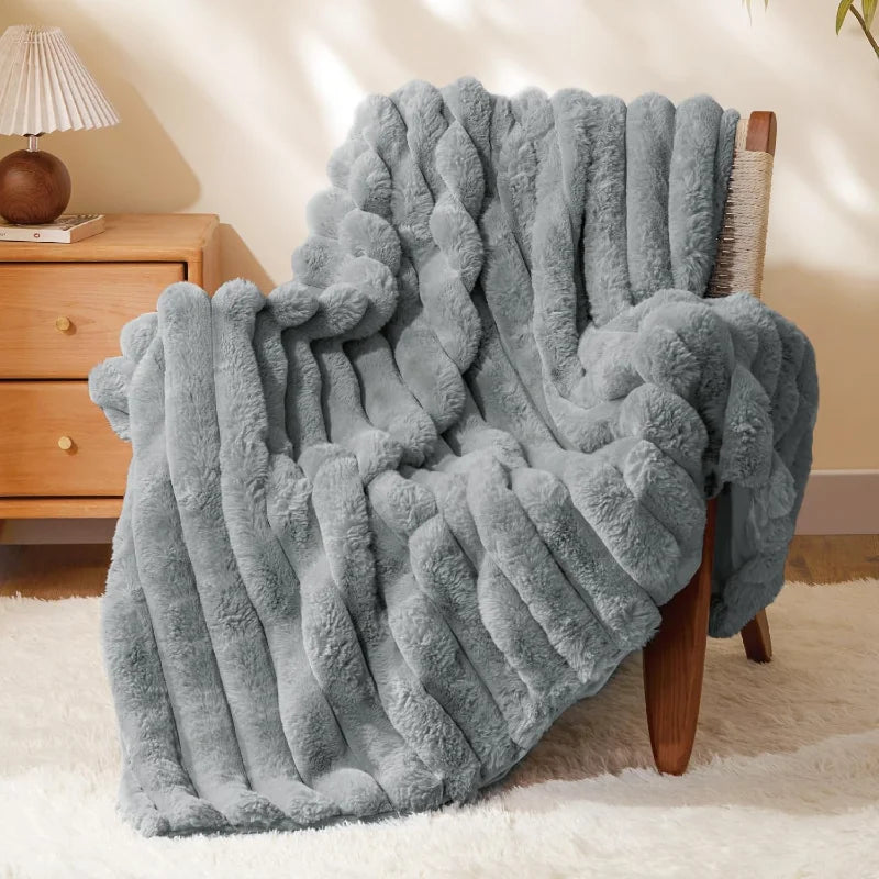 NONECN Faux Fur Throw Blanket Plush 3D Striped Ultra Soft