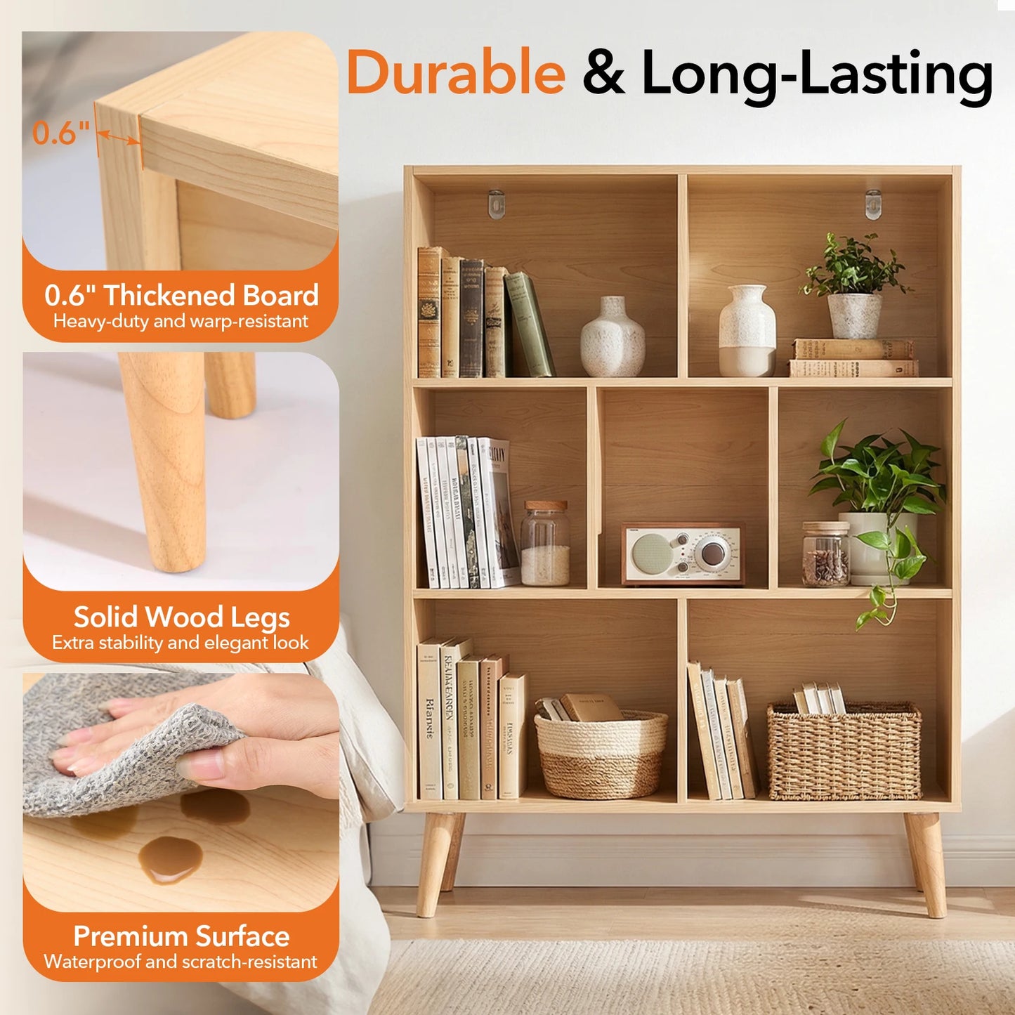 JHK Three-Tier Wooden Bookshelf With Cube Storage Organizer