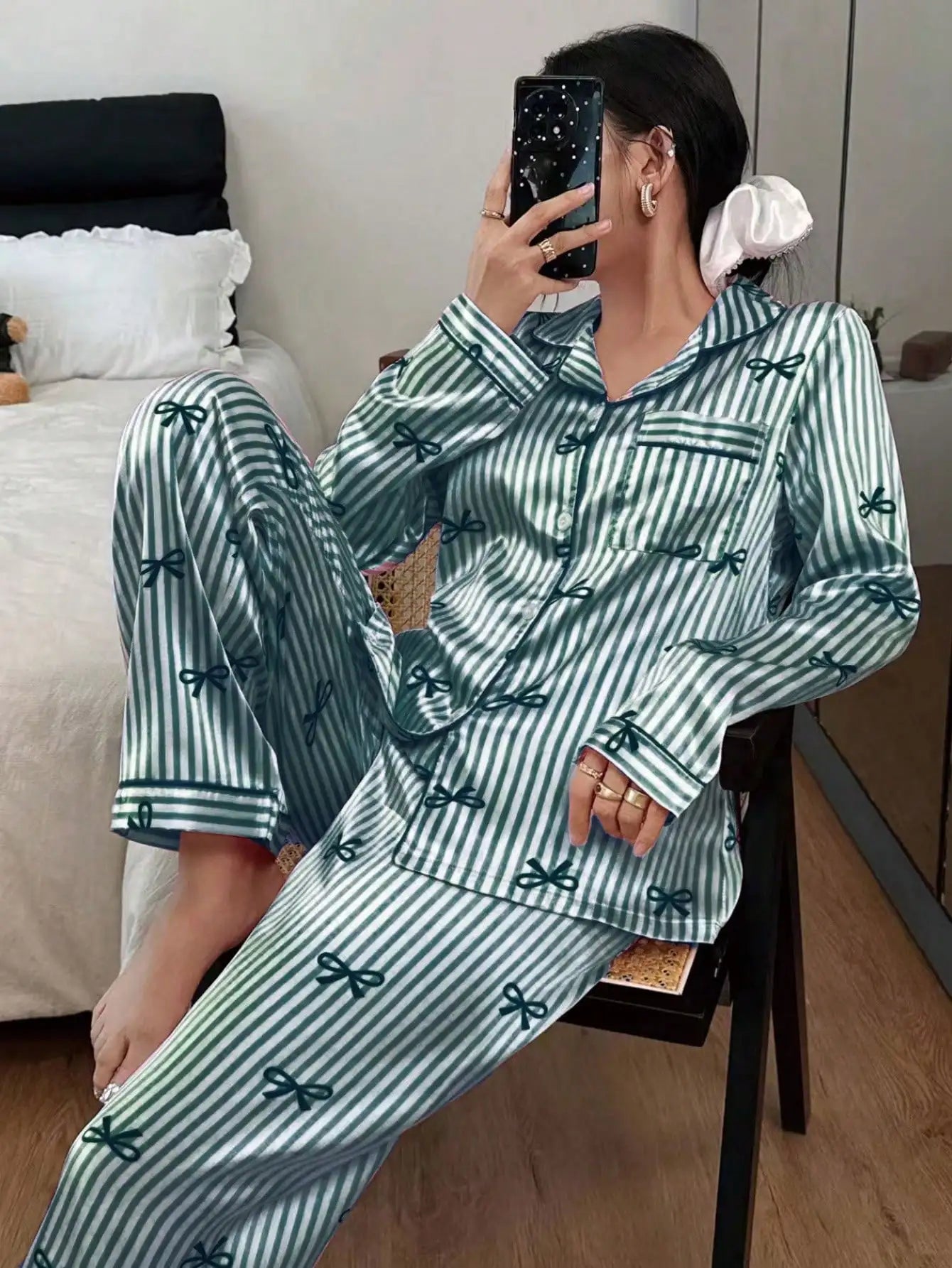 Women's Striped Satin Pajama Set With Bow Print Long Sleeve Top And Pants