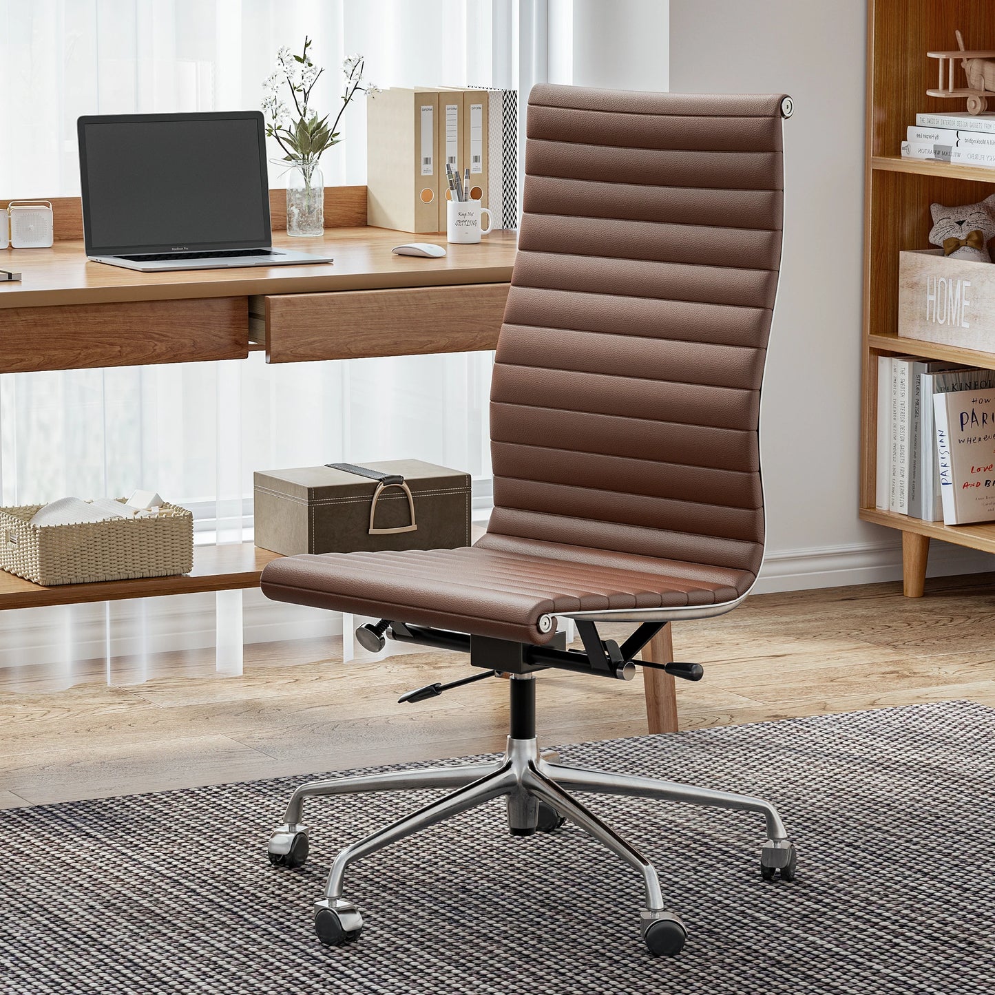 Furgle Modern Low Back Ribbed Armless Executive Swivel Office Chair With Top Grain Leather