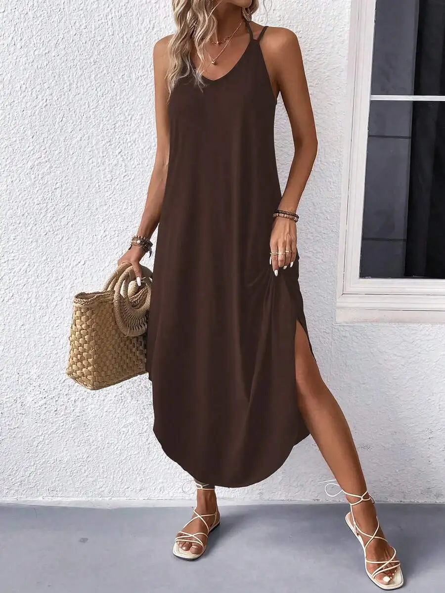 Sleeveless V Neck Maxi Dress With Side Slit Flowy Fit Casual Summer