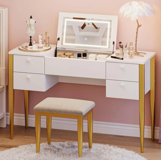 HiMISS Makeup Vanity Desk With Flip Top Mirror LED Lights