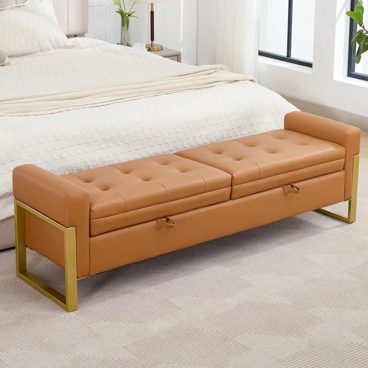 Bed End Storage Bench With Velvet Upholstery And Metal Legs