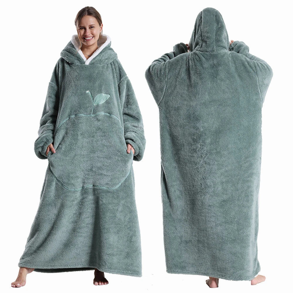 Polar Fleece Wearable Hooded Blanket With Sleeves For Adults