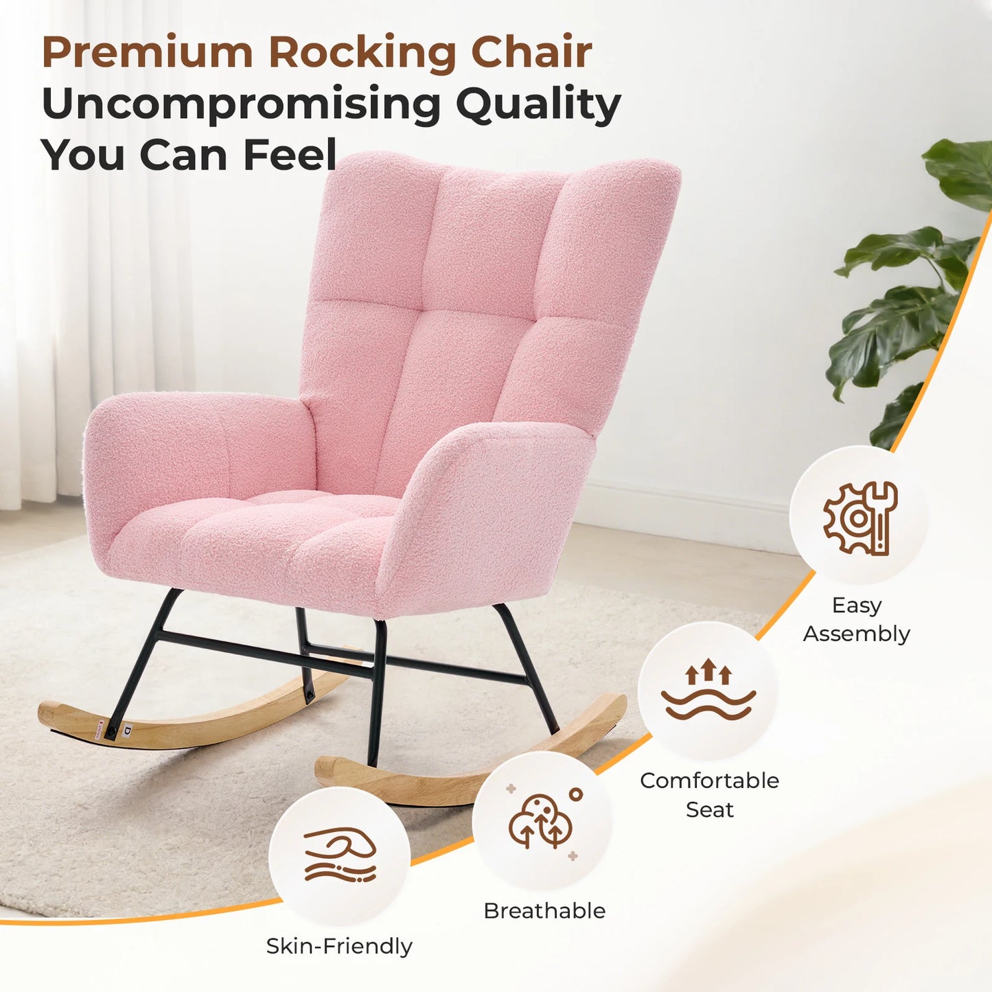 JHK Teddy Upholstered Saucer Rocking Chair With High Backrest