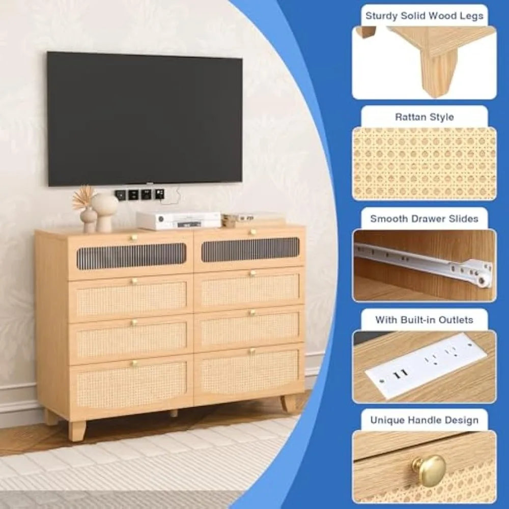 MKDK Rattan Dresser With 8 Drawers And LED Lighting