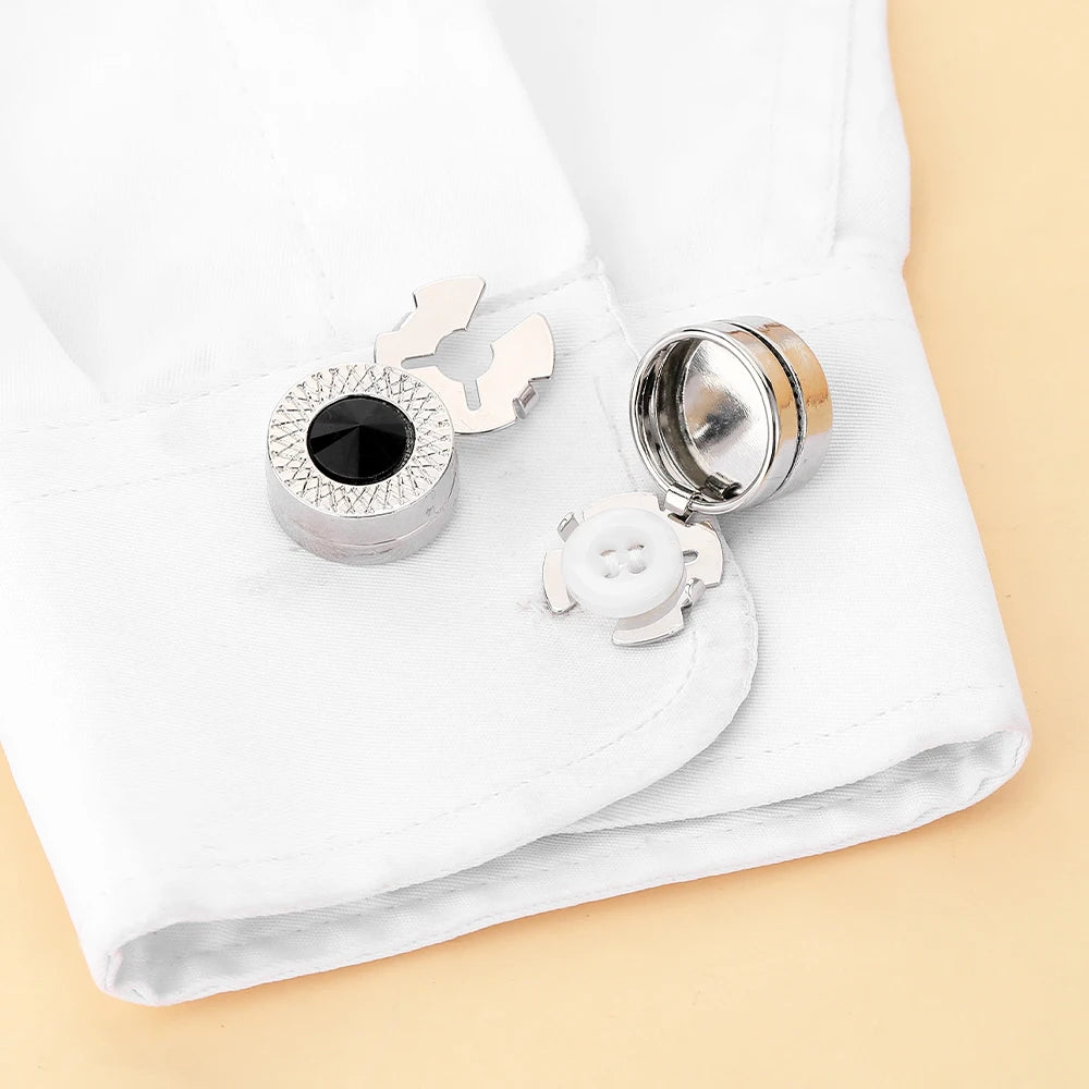 Crystal Design Round Cufflinks Silver Plated Zinc Alloy