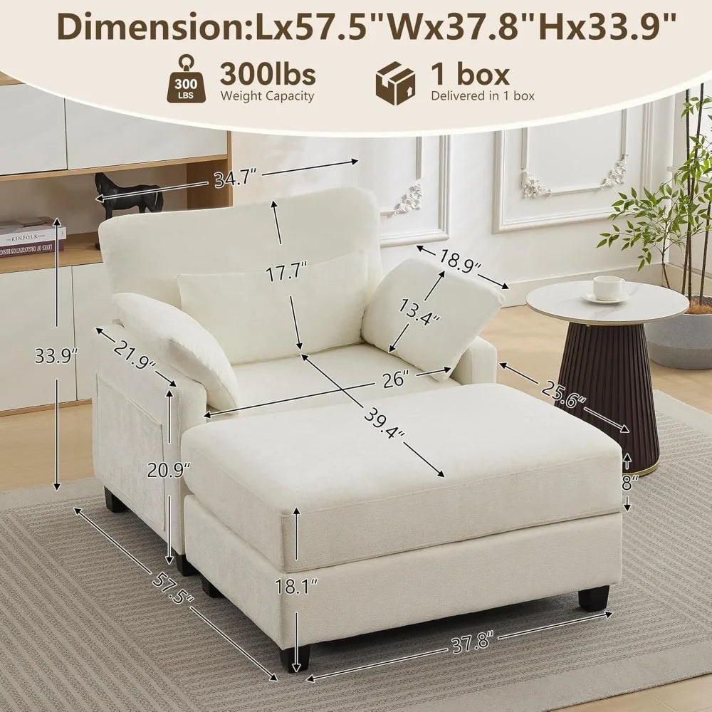 HUANZHUANG Chaise Lounge With Ottoman Chenille Upholstered Sofa Bed