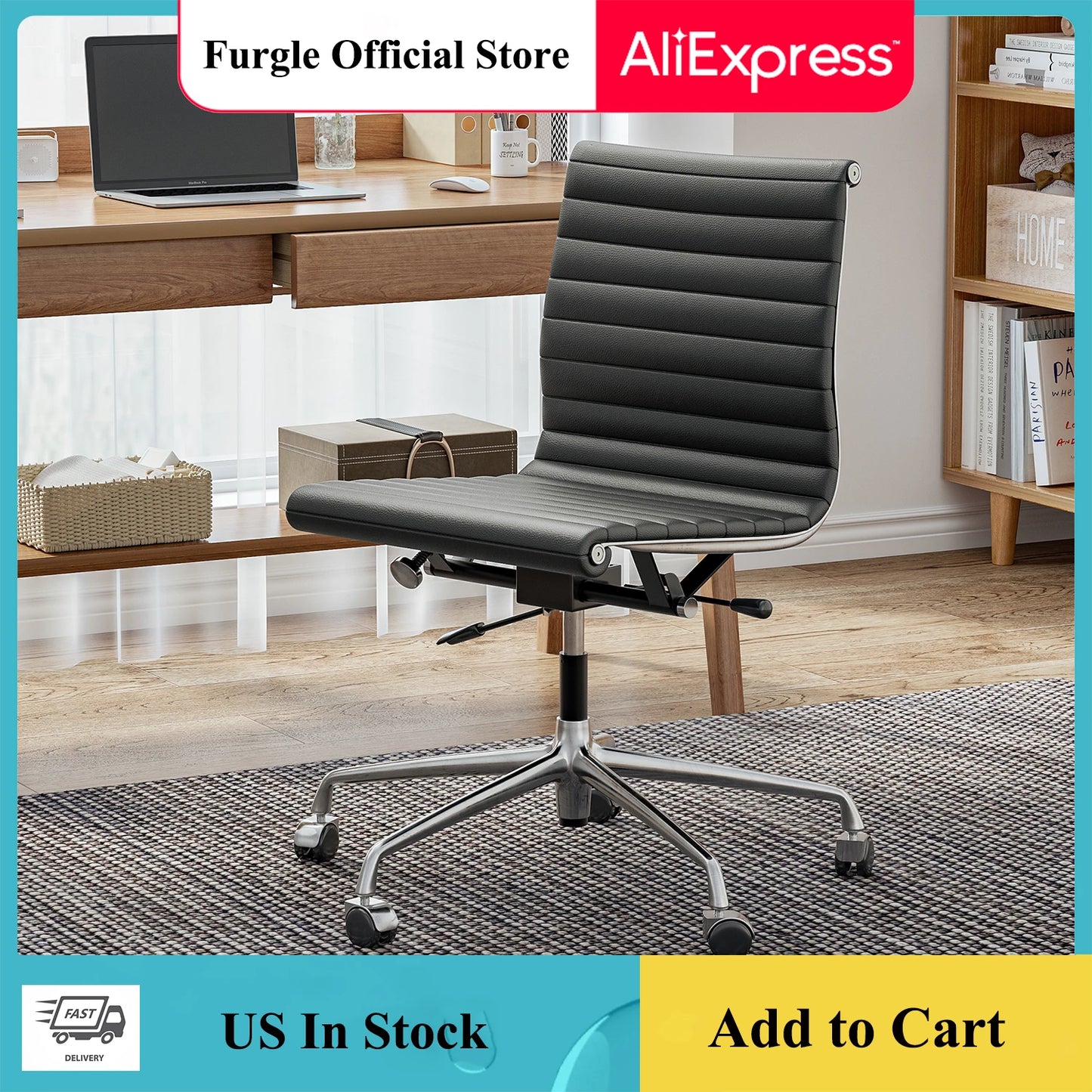 Furgle Modern Low Back Ribbed Armless Executive Swivel Office Chair With Top Grain Leather