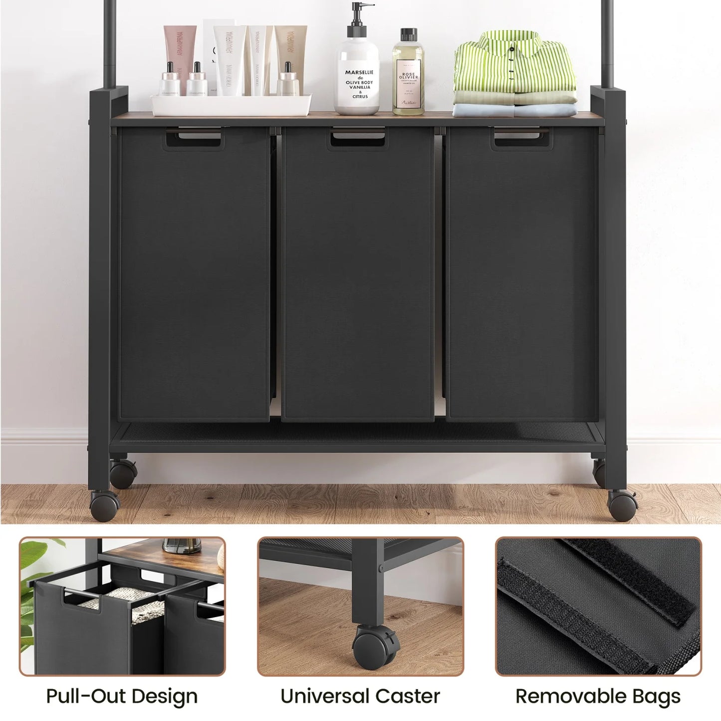 HiMISSCN Laundry Sorter With Extendable Bar And Wheels