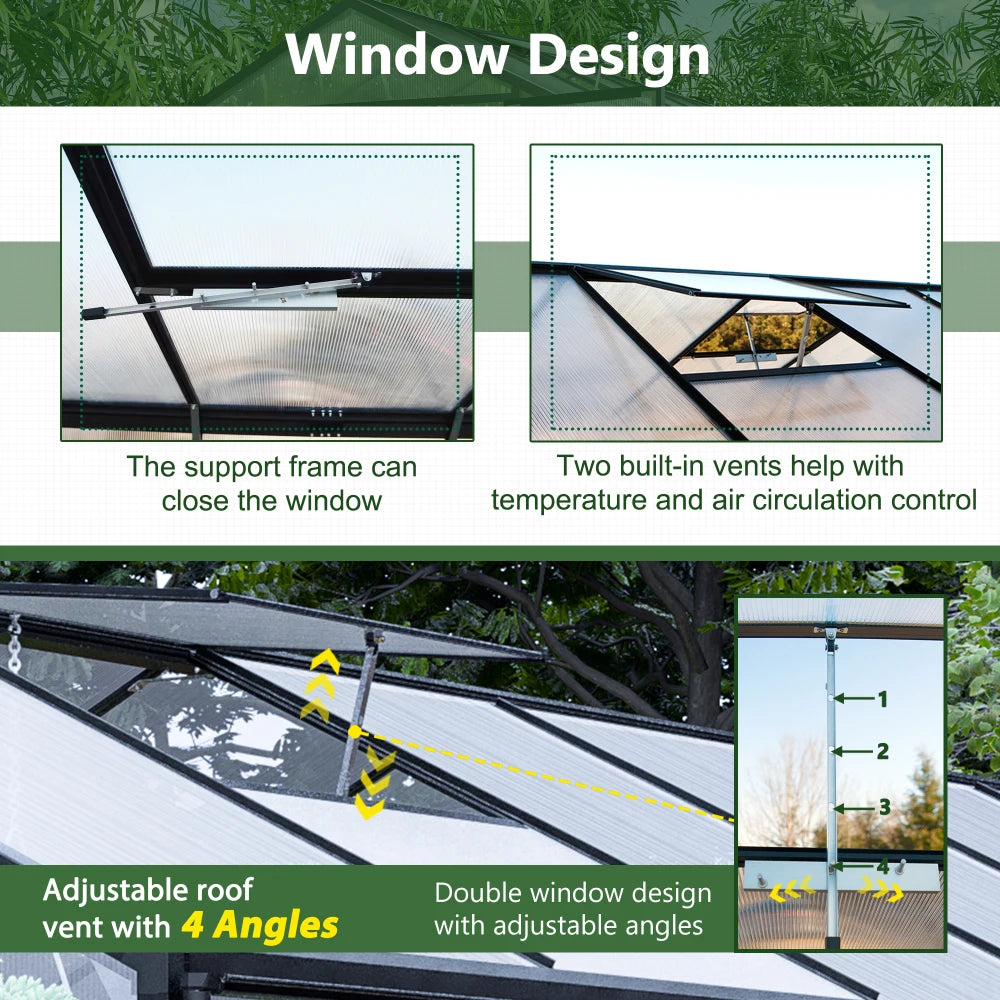 Outdoor Aluminum Walk-In Greenhouse With Polycarbonate Panels And Double Doors