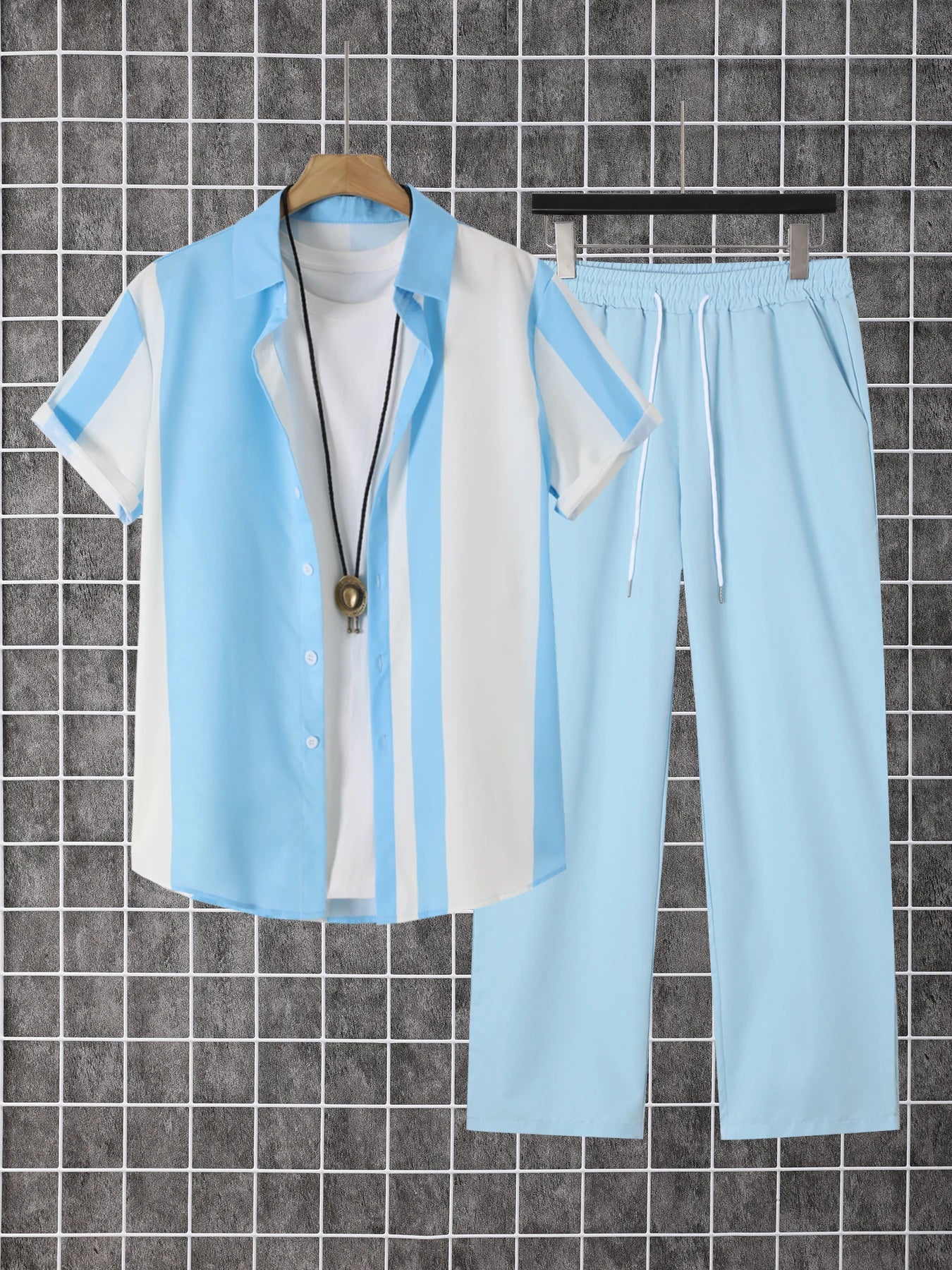 Men's Printed Summer Short Sleeve Shirt And Pants Set