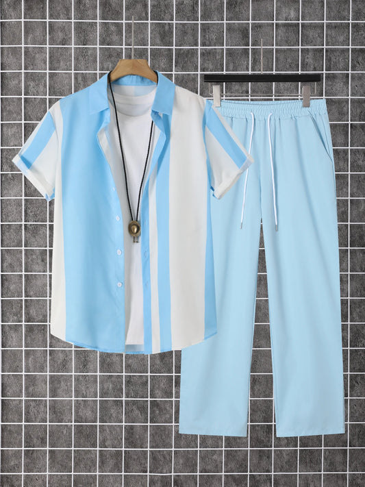 Men's Printed Summer Short Sleeve Shirt And Pants Set
